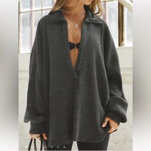 Joah Brown Charcoal Ribbed deep V-Neck  pullover